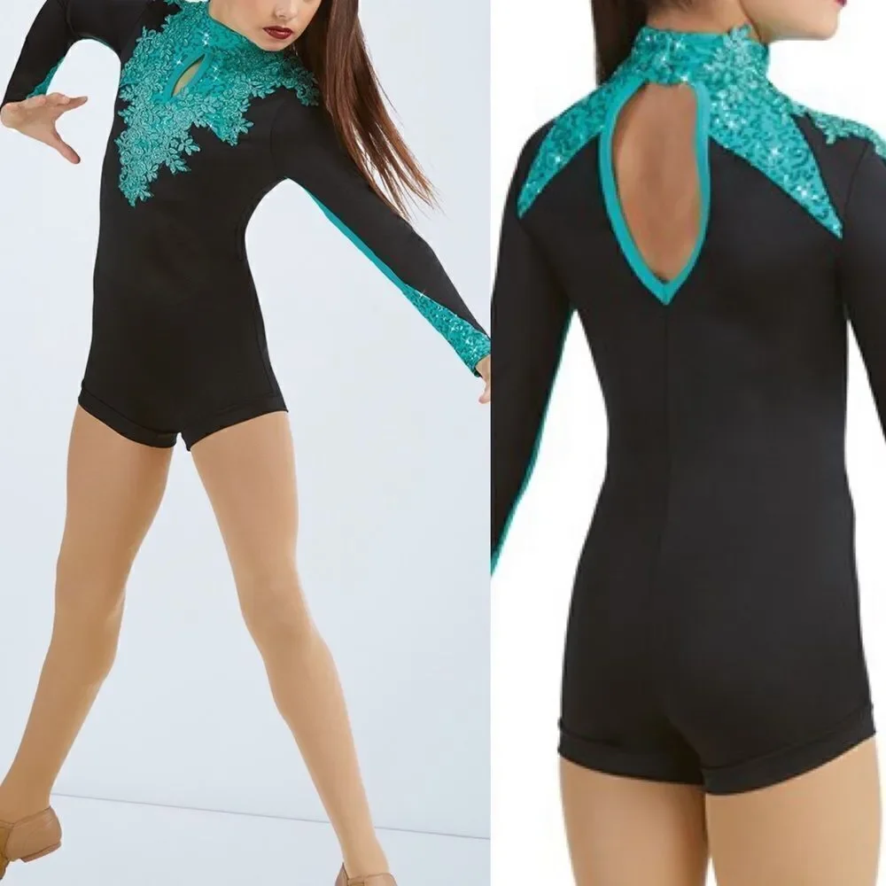 WEISSMAN Dance Costume biketard aqua lace appliqué Hallowed Ground 11084 MA
